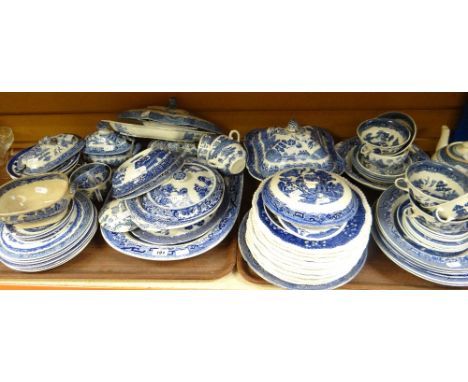 Quantity of assorted blue &amp; white transfer printed dinnerware to include meat plates, tureens, teapot, cups and saucers t