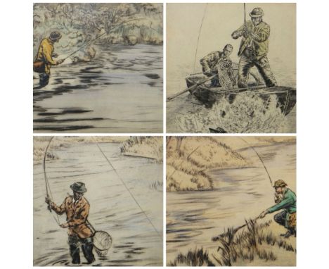 Four signed etchings AFTER HENRY WILKINSON of anglers in action, all framed Condition reports provided on request by email fo