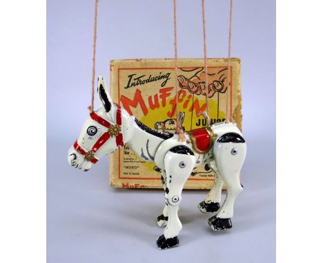 A boxed Moko 'British Made' painted cast metal Muffin the Mule puppet, entitled 'Introducing Muffin Junior' and having articu