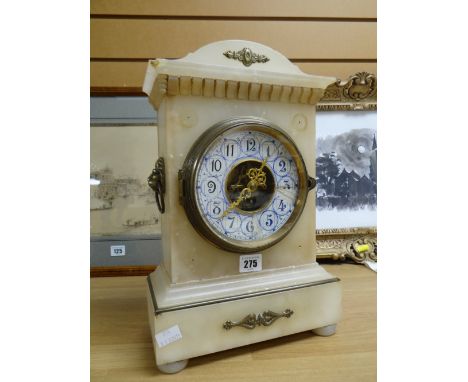 A marble antique mantel clock of architectural form with skeleton dial (distressed) Condition reports provided on request by 