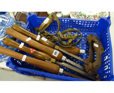 Various wooden turned handled wood carving tools, an antique heavy cast iron door knocker ETC Condition reports provided on r