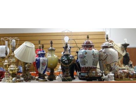 Collection of various table lamps including a good marble lamp with gilt metal rams head handles together with smaller orname
