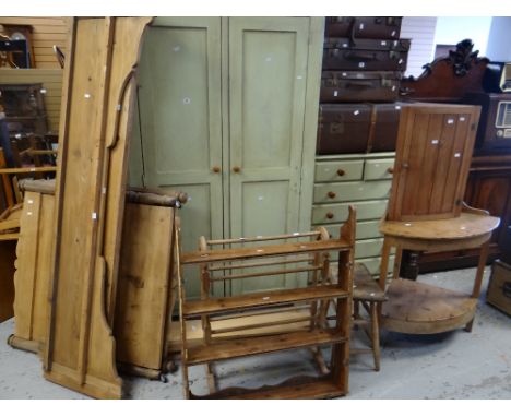 A parcel of pine furniture including continental bed with sides &amp; ends, demi-lune wash stand, corner cupboard, stool ETC 