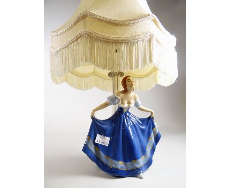 A vintage Royal Dux Art Deco porcelain figurine table lamp and shade, the base signed Elly Strobach Condition reports provide