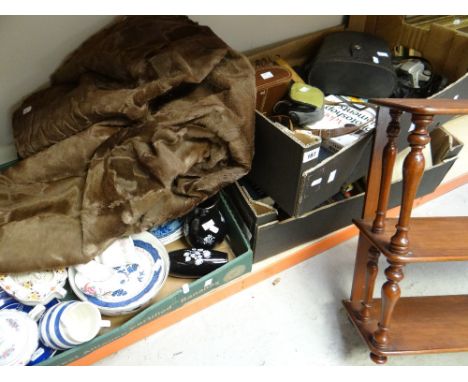 A box of camera equipment, a fur coat, a box of china including blue &amp; white nineteenth century transfer plate &amp; a vi