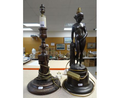 A figural table lamp in the form of a female nude and a classical-type architectural circular based table lamp Condition repo