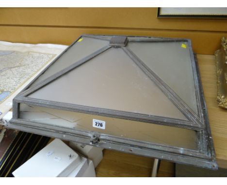 An Art Deco metal and glass ceiling lamp shade of square based form, 53 x 53cms Condition reports provided on request by emai