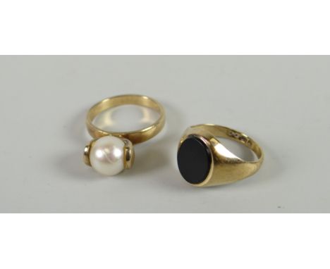 Small 9ct yellow gold signet ring and a similar with pearl setting Condition reports provided on request by email for this au