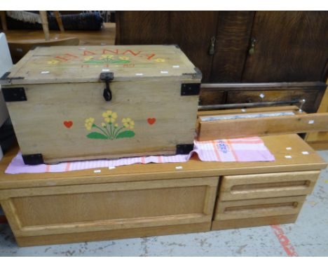 A lightwood entertainment side unit, a painted pine trunk and a tile-back towel airer for wall mounting Condition reports pro