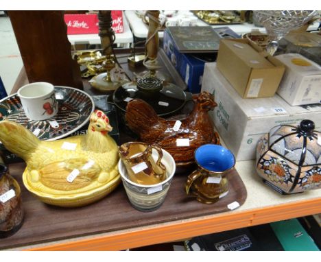 A parcel of mixed china including Portmeirion hens on nests, figurines, Duchess teaware (as new) ETC (all on one shelf) Condi