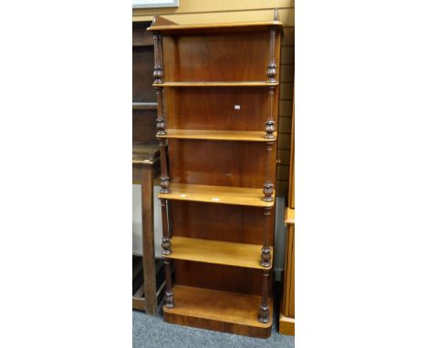 An unusual antique mahogany five-shelf whatnot with full length side cupboard and galleried top, 164cms high x 60cms wide Con