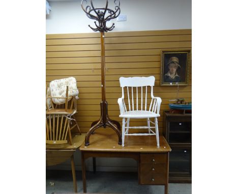 A parcel of furniture including good bent-wood hat and coat stand, white painted cane work elbow chair, desk, mid-century tab