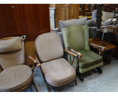 Two mid-century Ercol armchairs, a vintage wingback rocking chair, carved spinning chair &amp; a nest of three coffee tables 