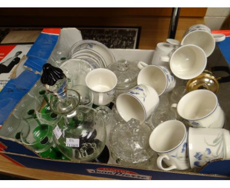 A box of glassware including green stemmed glasses, a black and clear glass liquor set together with Royal Doulton Minerva co