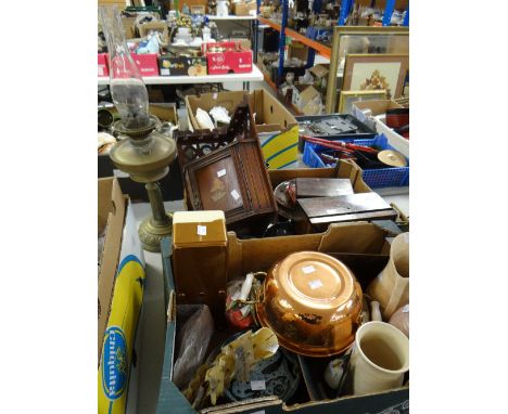 Two boxes of mixed items including copper bowl, saddler jug, shell boats, miniature corner cupboard, brass oil lamp ETC Condi