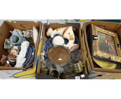 Three boxes of mixed china  including blue &amp; white platter and plate, Hornsea ETC Condition reports provided on request b