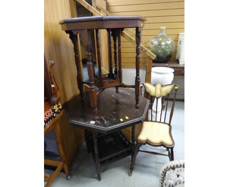 Two similar vintage octagonal occasional tables and a small vintage spindle back upholstered chair Condition reports provided