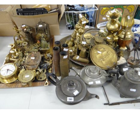 Collection of various metalware including pewter, brassware, military shell cases, lantern clock ETC Condition reports provid
