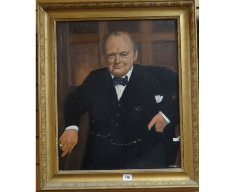 MONOGRAMMED oil on board - half portrait of Sir Winston Churchill wearing suit, bow-tie and watch-chain, initialled J G and d