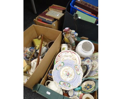 Two boxes of mainly assorted china to include collector's plates, Falstaff table-lamp, studio pottery including Ewenny jug, b