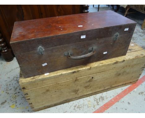 A good vintage pine box with iron handles (possibly originally a croquet box) together with another wooden box with leather h