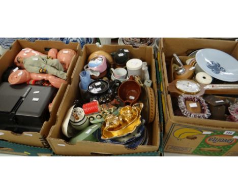 A box including Action Man doll, a Zeiss Ikon projector together with a box of mixed pottery and glassware and another ETC Co