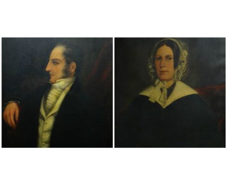 BRITISH SCHOOL NINETEENTH CENTURY oil on canvas, a pair - head &amp; shoulders portrait of a gentleman and his wife wearing b