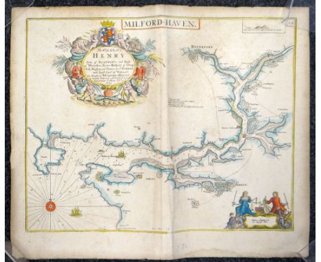 GREENVILE COLLINS coloured sea chart - Milford Haven with cartouche and figural scale (unframed, preserved in tube) Condition