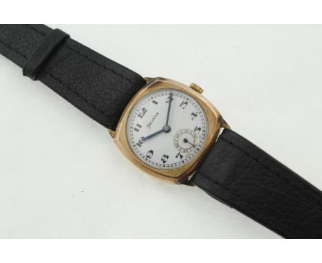 A 1930's 9ct HELVETIA gents wristwatch, H/M Edinburgh 1937, working manual-wind movement, later black leather strap, small ha