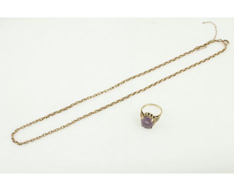A 9ct H/M amethyst set ring, size O, together with a chain stamped 9ct (broken safety chain), approx gross weight 13.6gms, to