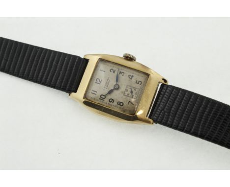 A 1930's 9ct J W BENSON gents wristwatch, H/M Birmingham 1938, working manual-wind 15 jewel movement, later black leather str
