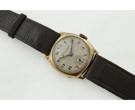 A 9ct H/M GROSVENOR gents wristwatch, circa 1930's, working manual-wind 15 jewel movement, later brown leather strap