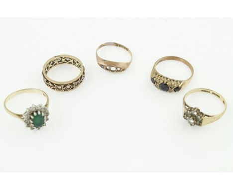 Four 9ct H/M dress rings (some stones missing), with another ring stamped 9ct, approx gross weight 12,9gms