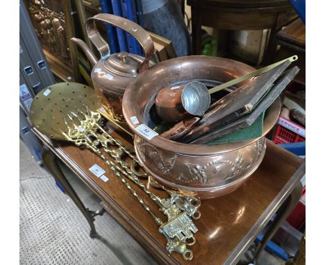 COPPER PLANTER, COPPER KETLE, BRASS TRIVET, TRIVET STAND,BRASS CHESTNUT ROASTING PAN, 4 BRASS TOASTING FORKS &amp; 3 VARIOUS 