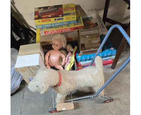 BOX WITH VARIOUS VINTAGE TOYS, 2 CINDY WARDROBES, CINDY DOLL, VARIOUS BOARD GAMES, BLUE PETER JIGSAW, OPERATION, THE CHILDS W