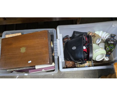 2 BOXES COMPRISING VARIOUS CUTLERY, EP CUTLERY, VARIOUS AYNSLEY TEA WARE, MANTLE CLOCK, ALARM CLOCK, VARIOUS CAMERAS, CLOISON