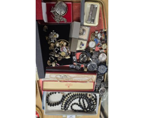 VARIOUS COSTUME JEWELLERY , LADIES &amp; GENTS WRISTWATCHES, COSTUME EARRINGS, COSTUME BANGLES, BEADS, STAINLESS STEEL GENTLE