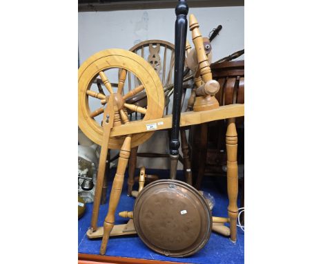 COPPER &amp; BRASS ORNAMENTAL BED WARMERS, PAIR OF MAHOGANY GLASS TOPPED SIDE TABLES, OAK FRAMED WHEEL BACK STYLE KITCHEN CHA