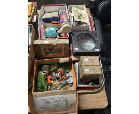 TRAY CONTAINING LANTERN SLIDE, LANTERN VIEWER, OLD BOARD GAMES, CARDS, PENKNIFE, TORTOISE BOAT ORNAMENT, JUNIOR BUILDER, MONO