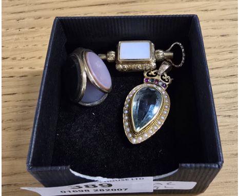 GILT STONE SET PENDANT, GILT POCKET WATCH KEY, GILT SWIVEL FOB