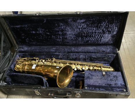 BRASS SAXOPHONE BY G.H. HULLER IN CASE