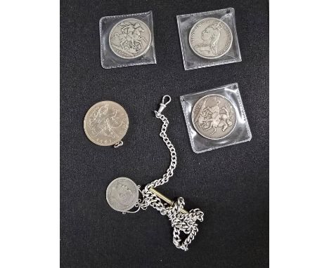 3 SILVER VICTORIAN CROWNS, SILVER GEORGE THE FIFTH CROWN, SILVER WATCH CHAIN WITH COIN FOB, T-BAR NOT SILVER, WEIGHT APPROX 1