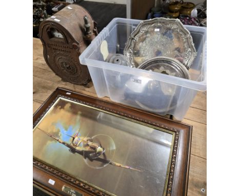 BOX CONTAINING VARIOUS EP TRAYS, EP TEAPOT, EP HIP FLASK, MAHOGANY FRAMED SPITFIRE PRINT, CAST IRON ALDER &amp; MACKAY EDINBU