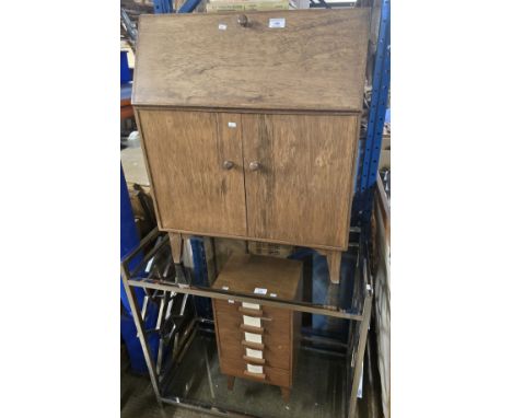 APPRENTICE STYLE CABINET MAKERS BUILT BUREAU, 5 DRAWER INDEX CHEST WITH A LARGE COLLECTION OF FISHING TACKLE, FISHING ACCESSO