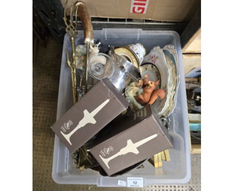 BOX CONTAINING VARIOUS DISHES, TOASTING FORK, NORITAKE PLATE, BORDER FINE ART ORNAMENTS ETC