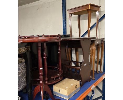 NEST OF 3 TABLES, 2 MUSICAL SEWING TABLES, MAHOGANY MAGAZINE RACK, MAHOGANY OCCASIONAL TABLE, SET OF BOXED WATERFORD CRYSTAL 