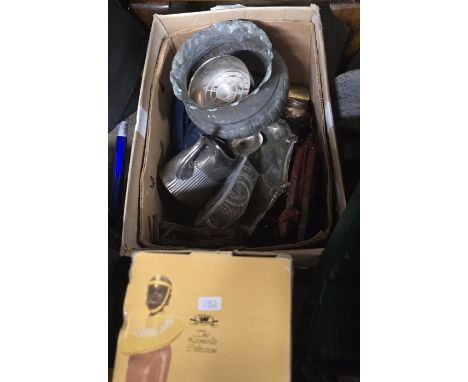 BOX CONTAINING PEWTER TEAPOT, PEWTER BOWL, PAIR OF BELLOWS, PLANTER, GREEN BOWLS, EP WARE, LEONARDO COLLECTION TRIBLE DREAM F