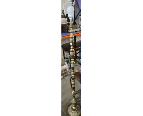 CHINESE STYLE BRASS STANDARD LAMP ON MAHOGANY BASE     