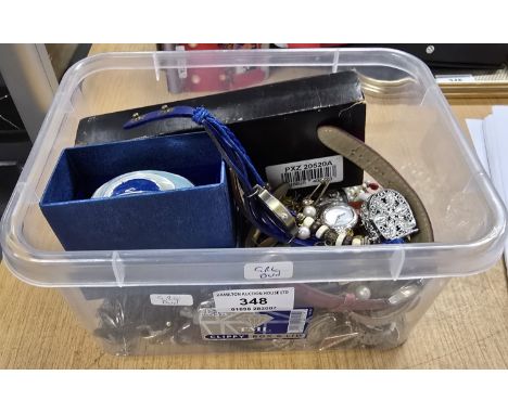BOX CONTAINING VARIOUS COSTUME JEWELLERY, IMITATION PEARLS, WATCHES, BEADS, AMBER NECKLACE, BANGLE ETC