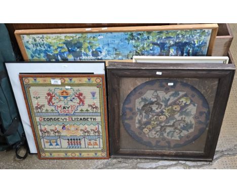 VARIOUS FRAMED PICTURES INCLUDING OLD OAK FRAMED SEWING TAPESTRY, WATERCOLOUR BY GINLLINA, MAY THE 12TH 1937 ROYAL WEDDING SA